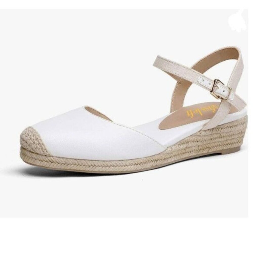 Miss Left White Platform Rounded Toe Espadrille Sandal Ankle Strap Wedges Heel